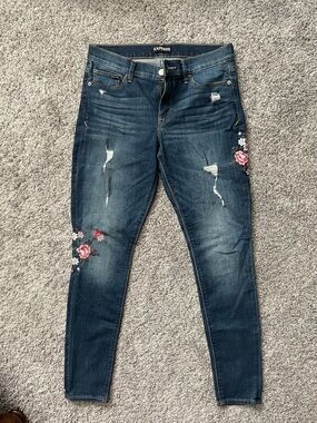 Express Dark Blue Skinny Jeans with Pink & White Floral Embroidery